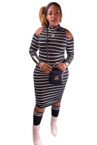 Black Sexy Fashion Cap Sleeve Long Sleeves O neck Step Skirt Knee-Length  Club Dresses