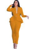 Yellow Casual Two Piece Suits Patchwork ruffle Solid pencil Long Sleeve