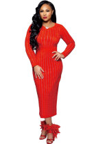 Красное сексуальное облегающее платье с длинными рукавами и круглым вырезом длиной до щиколотки с бриллиантами