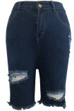 Botão jeans azul voar zíper voar alta lavagem buraco com zíper bolso shorts retos