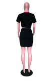 Schwarzes, sexy, modisches, zweiteiliges Patchwork-Anzug für Erwachsene, dünnes, kurzärmliges zweiteiliges Kleid
