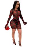 Noir adulte Sexy mode manches longues col rond étape jupe Mini Ombre perspective Patchw
