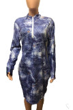 Blaues sexy Print-Patchwork-O-Ausschnitt-A-Linien-Kleid in Übergröße