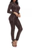 Schwarzer sexy modischer Reißverschluss-Pailletten-Chlor-Langarm-Jumpsuit mit O-Ausschnitt