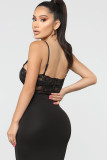 Black Sexy Solid lace Sleeveless Slip Playsuits
