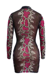 Red Sexy Fashion Cap Sleeve Long Sleeves Step Skirt Knee-Length Print Patchwork 