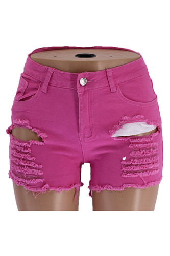 rosa röd Denim Button Fly Ärmlös Mid Patchwork Hole Solid Raka shorts Shorts