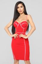 Red Polyester Fashion Sexy Spaghetti Strap Sleeveless Slip Step Skirt Knee-Length Patchwork Solid  Club 