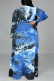 Robe bleu profond mode décontracté imprimé tie-dye col en V manches longues grande taille