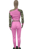 Roze casual tweedelige pakken Luipaard patchwork potlood tweedelige broekenset met lange mouwen