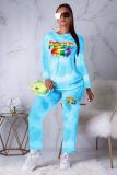 Blue Active Print Straight Long Sleeve Two-piece Pants Set