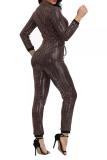 Schwarzer sexy modischer Reißverschluss-Pailletten-Chlor-Langarm-Jumpsuit mit O-Ausschnitt