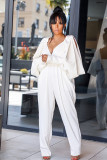 White Sexy Fashion Backless zipper Asymmetrical Long Sleeve V Neck Jumpsuits