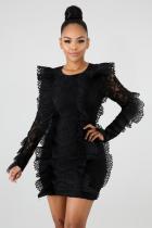Черная спандекс модная юбка с длинными рукавами и круглым вырезом, мини-кружевная мини-юбка