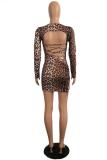Leopard print Sexy adult Fashion Cap Sleeve Long Sleeves Square Step Skirt Knee-Length Patchwork hollow out backless Club Dresses