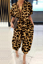 Gult sexigt leopardbandage Långärmad Turndown-krage Jumpsuits