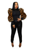 Zwart nylon O-hals lange mouw luipaardprint patchwork Slim fit