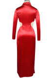 Red Sexy Cap Sleeve Long Sleeves Mandarin Collar Step Skirt Ankle-Length Solid
