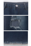 Dark Blue Denim Button Fly Sleeveless High Hole Solid washing Patchwork Boot Cut Pants 