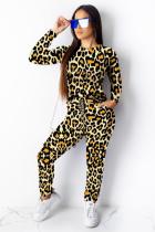 Коричневый модный взрослый повседневный костюм из двух предметов с принтом контрастного цвета леопардовый прямой с длинным рукавом
