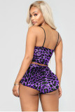 purple adult Fashion Sexy backless Patchwork Two Piece Suits Print Leopard Straight Sleeveless T