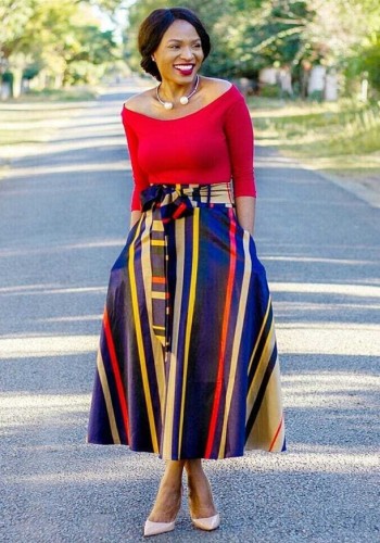 Stripe Multi Asymmetrical Sashes Ankle-Length Fashion Striped Skirts