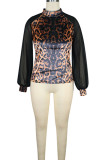 Brown O Neck Long Sleeve Print Patchwork