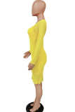 Желтый модный сексуальный взрослый молочный волокно однотонный лоскутный с круглым вырезом с длинным рукавом и обычным рукавом из двух предметов