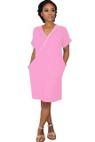 Rosa Mode für Erwachsene, lässig, OL, Flügelärmel, kurze Ärmel, V-Ausschnitt, A-Linie, knielang, Patchwork, einfarbig