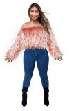 Red Artificial fur One word collar Long Sleeve Solid Long Sleeve Tops