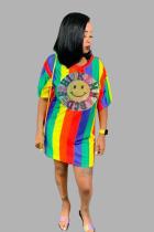 Multi-color Polyester Casual Fashion Cap Sleeve Half Sleeves O neck Straight Mini Character Rainbow  Casual Dres