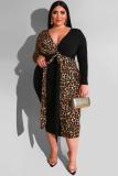 Gul Sexig vuxenmode V-hals Patchwork Print Leopard Bandage Stitching Plus Size Klänningar