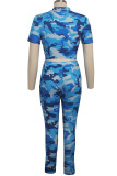 Blue Sexy Patchwork Two Piece Suits Print Straight Long Sleeve Two-piece Pants Set