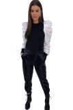 Black O Neck Long Sleeve Patchwork Solid Long Sleeve Tops