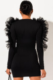 Noir adulte Sexy Fashion manches à volants manches longues col en V une jupe feuille Mini stringy selvedge r