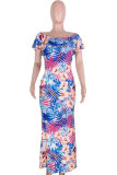 Blue Fashion Sexy Off The Shoulder Short Sleeves One word collar Slim Dress Ankle-Length Print Club Dres