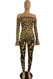 Leopardmönstrat Milk Silk Sexigt tryck asymmetrisk Tvådelad kostymer penna Långärmad