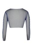 Blue O Neck Long Sleeve Solid Mesh Patchwork Beading perspective Tees & T-shirts