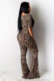 Brown Sexy Fashion adult Leopard Two Piece Suits HOLLOWED OUT Print asymmetrical Loose Half Slee