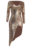 Шампанское сексуальные асимметричные клубные платья с длинными рукавами и V-образным вырезом