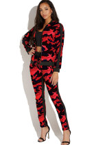 Red Polyester Elastic Fly Long Sleeve Mid Zippered Print Patchwork Straight Pants  Two-piece suit