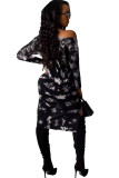 Black Sexy One Shoulder Long Sleeves one shoulder collar Step Skirt Knee-Length Print