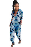 Blue Casual Print Long Sleeve V Neck Jumpsuits