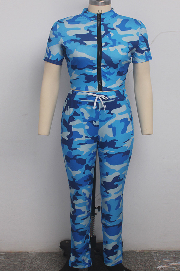 Trajes de dos piezas de patchwork sexy azul Conjunto de pantalones de dos piezas de manga larga recta con estampado