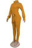 Желтая сексуальная модная повязка, полая однотонная лоскутная водолазка с длинными рукавами