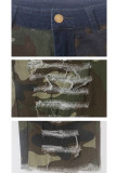 Camouflage-Knöpfe, ärmellos, hohe Patchwork-Bleistifthose mit Tarnmuster und Löchern