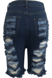 Blaue Denim-Shorts mit Knopfleiste und Reißverschluss, hohes Waschloch, Reißverschlusstasche, gerade Shorts