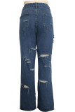 Blue Denim Button Fly Zipper Fly Mid washing Solid Hole Straight Pants 