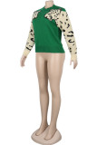 Green O Neck Long Sleeve Animal Prints Solid Patchwork