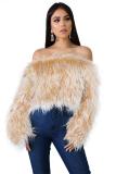 Red Artificial fur One word collar Long Sleeve Solid Long Sleeve Tops